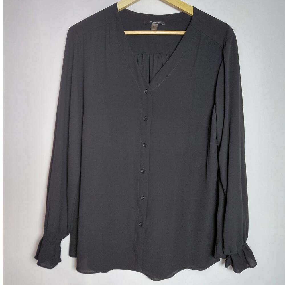 TAHARI Polyester Blouse Black Solid Long Sleeve Women Size XL